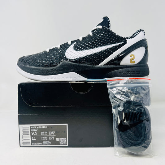 Nike Kobe 6 Protro Mambacita Sweet 16 sneakers, black and white, displayed with box and extra laces, 2022 model.