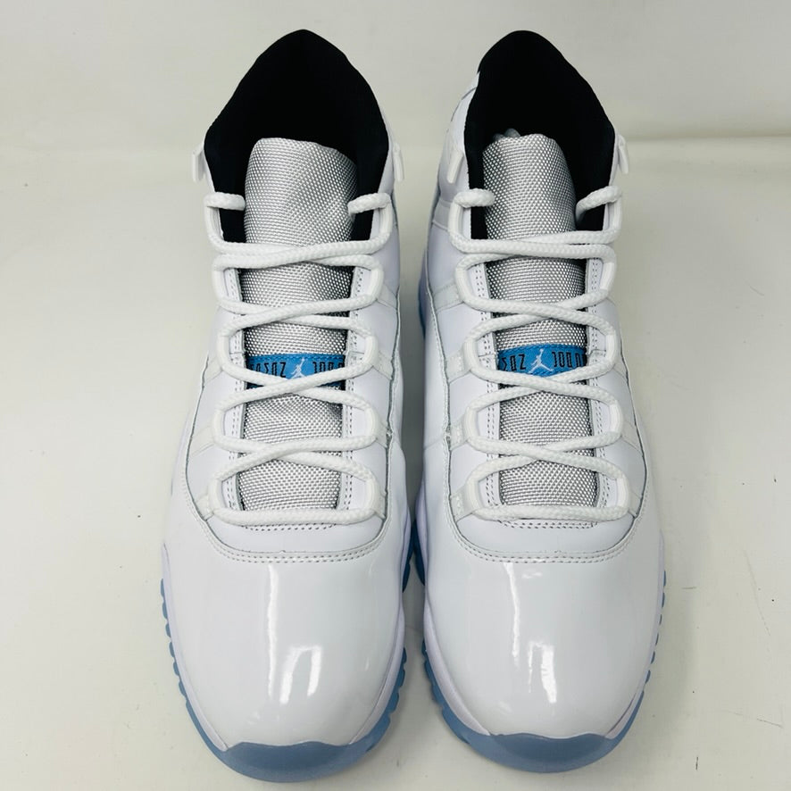 Jordan 11 Retro Legend Blue (2024) sneakers in white and blue.