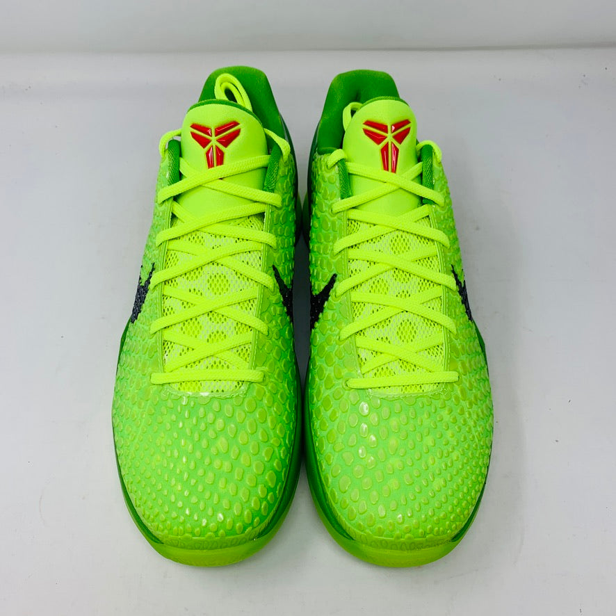 Nike Kobe 6 Protro Grinch 2020 sneakers with bright crimson laces, brand new condition.