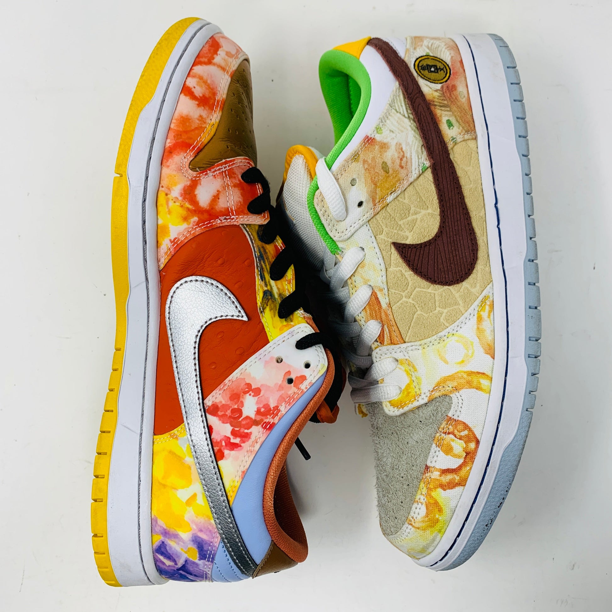 Nike SB Dunk Low Street Hawker (2021) sneakers, size 11.5, vibrant multicolor design, 8/10 condition with extra laces.