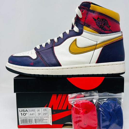 Jordan 1 Retro High OG Defiant SB LA to Chicago sneakers with extra laces and box.