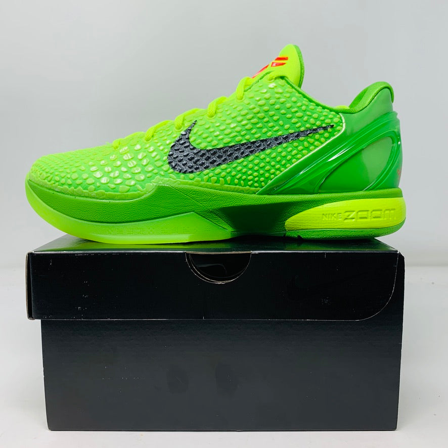 Nike Kobe 6 Protro Grinch 2020 sneakers with bright green design and black Nike swoosh on box.