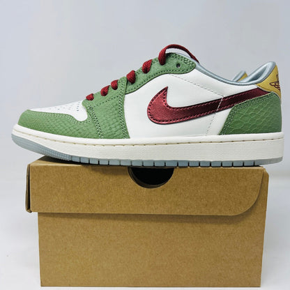 Jordan 1 Retro Low OG Year of the Dragon 2024 sneakers with green and red accents on a replacement box.