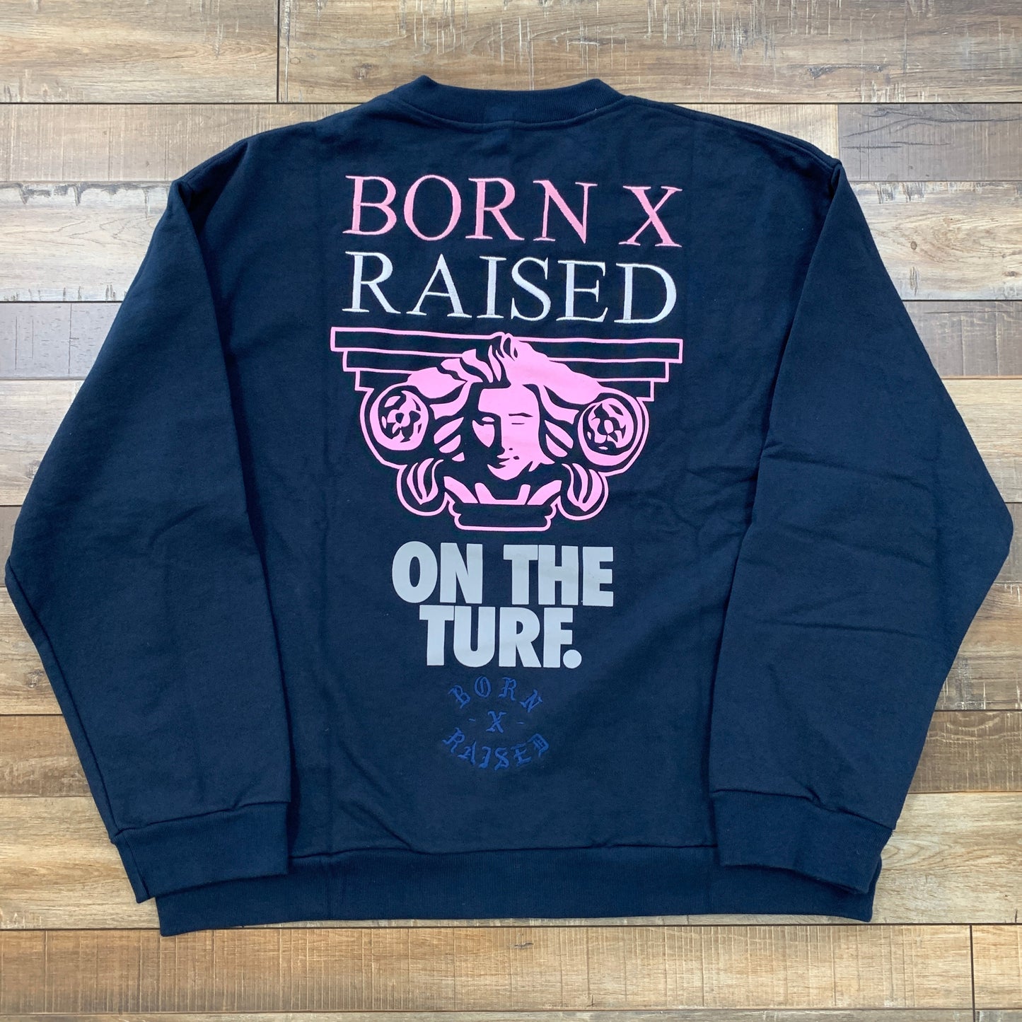 Nike SB Born x Raised Capital Head Oversized Crew Navy sweatshirt, streetwear, navy blue, front and back branding.