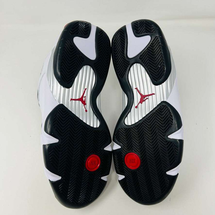 Jordan 14 Retro Black Toe 2024 sneakers, black and white with red accents, premium leather, Jumpman logo, Zoom Air technology.