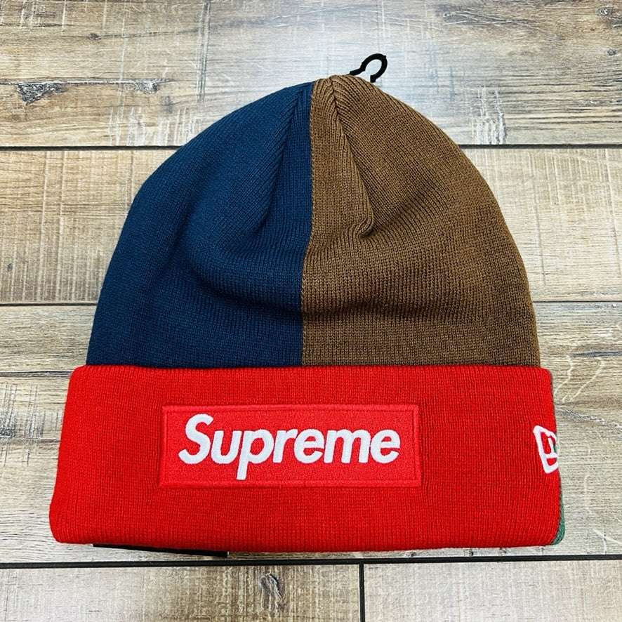 Supreme New Era Box Logo Beanie FW24 in red and brown, brand new condition.