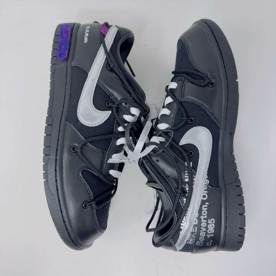 Nike Dunk Low Off White Lot 50, brand new, black and silver sneakers with Off-White zip tie, 2021 release.