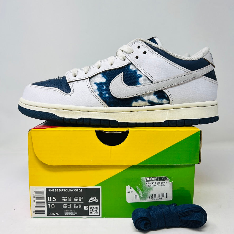 Nike SB Dunk Low HUF New York City sneakers, lightly worn condition, navy laces, 2022 edition.