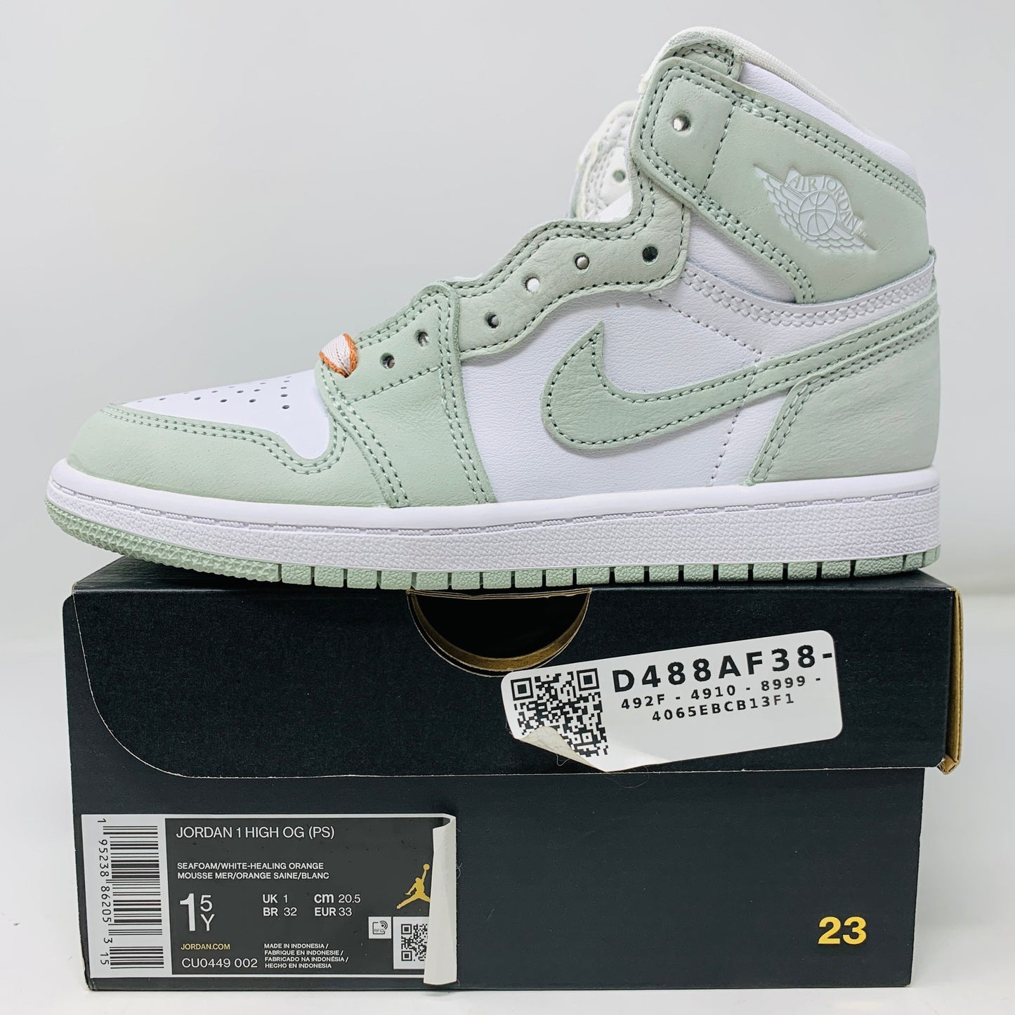 Jordan 1 Retro High OG Seafoam (PS) sneaker in seafoam green, high-top design, classic Jordan logo, limited edition.