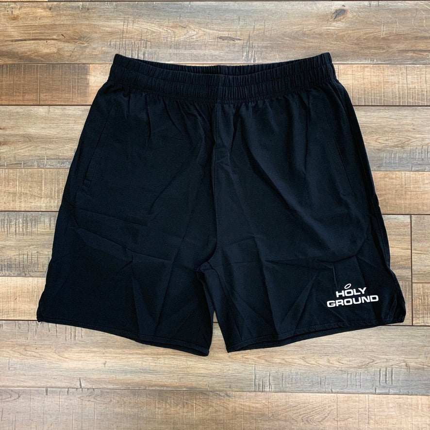 Holy Ground Athletic Shorts Black with zipper back pocket and above-the-knee fit.