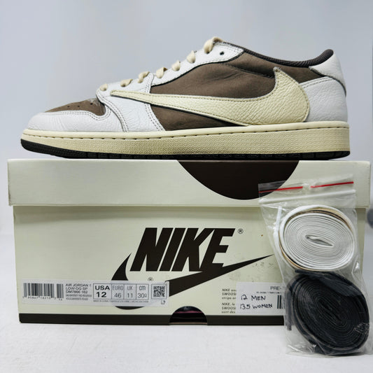 Jordan 1 Retro Low OG SP Travis Scott Reverse Mocha with laces and box.