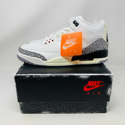 Jordan 3 Retro White Cement Reimagined sneaker on Nike Air box.