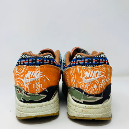 A pair of colorful Nike Air Max 1 SP Concepts Heavy sneakers viewed from the back feature vibrant orange, blue, and green patterns with white Nike logos against a plain white background.