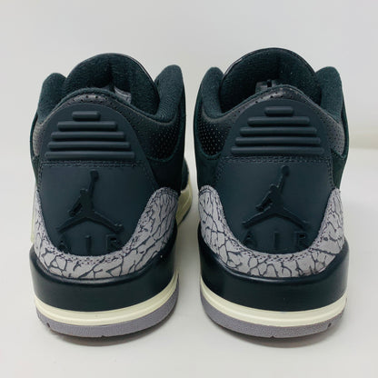 The image displays the back of the Jordan 3 Retro Off Noir (W) sneakers, featuring a textured gray design on the heel and a stylized Jumpman logo above AIR in black.