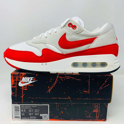 Nike Air Max 1 '86 OG Big Bubble Sport Red sneakers, size 9.5, displayed on original box, 2023 edition.