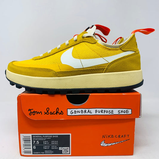 NikeCraft General Purpose Shoe Tom Sachs Archive Dark Sulfur on orange box.