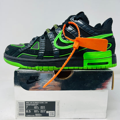 Nike Air Rubber Dunk Off-White Green Strike sneaker, size 7, black and green design, boxed.