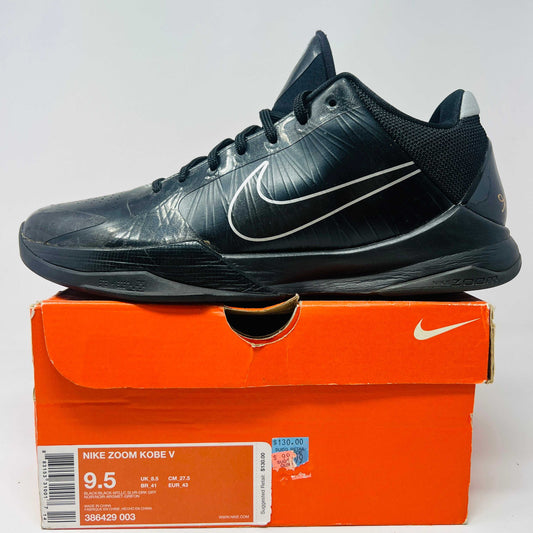 Nike Kobe 5 Blackout shoe, size 9.5, with minor sole wear, on original box.