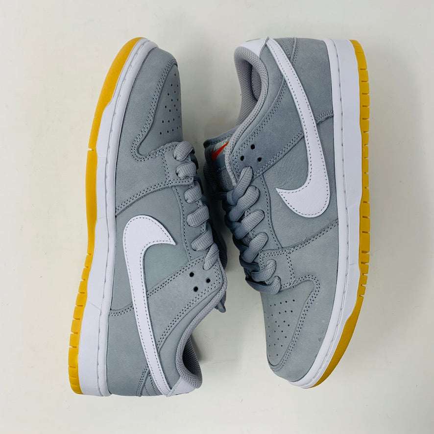 Nike SB Dunk Low Wolf Grey Gum sneakers, brand new 2023 release, grey suede with gum sole.