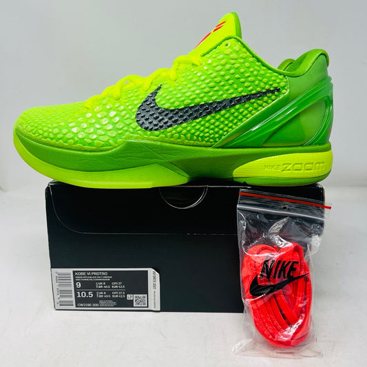 Nike Kobe 6 Protro Grinch 2020 sneakers with red laces and original box.