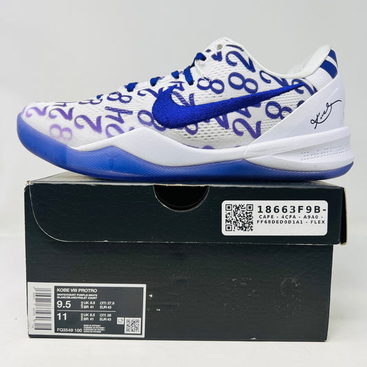 Nike Kobe 8 Protro Court Purple sneaker with white and purple design, displaying a blue Nike swoosh on black box.