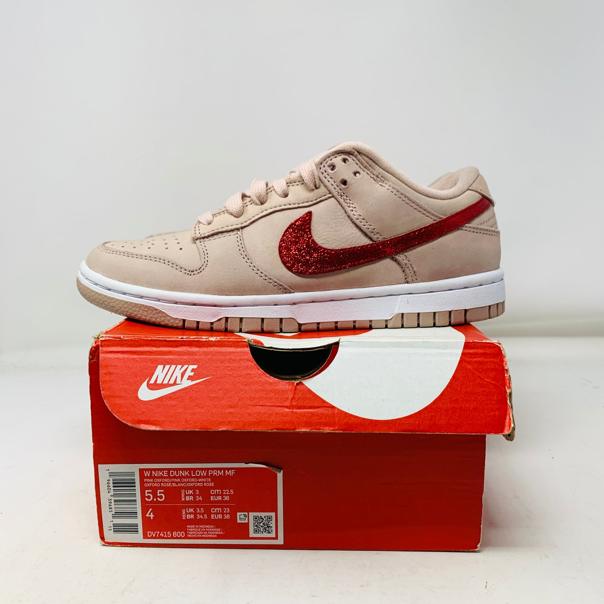 Nike Dunk Low PRM Pink Oxford Valentine's Day Custom sneakers, size 5.5W/4M, brand new with good box condition.