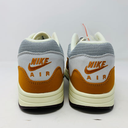 Nike Air Max 1 Patta Waves Monarch sneakers, brand new, rear view with extra laces and bracelet, 2021 release.