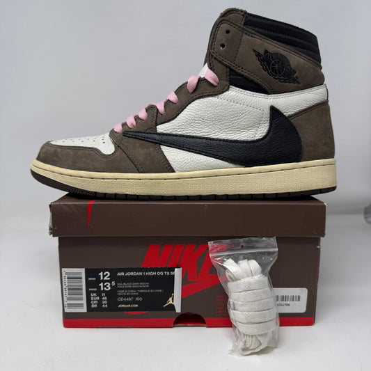 Jordan 1 Retro High OG SP Travis Scott Mocha sneaker with mocha brown and black design, shown with box and extra laces.