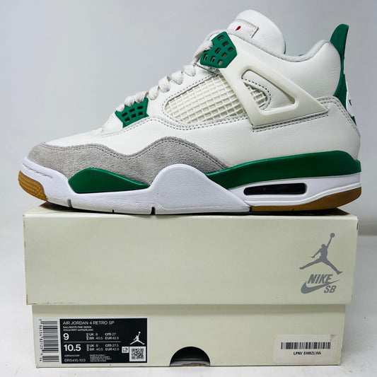 Jordan 4 Retro SB Pine Green sneakers in size 9 with wear on uppers and durable soles, displayed atop box.