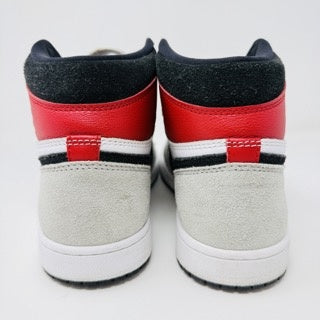 Jordan 1 Retro High Light Smoke Grey sneakers rear view showing clean uppers, red and grey color scheme, no box.