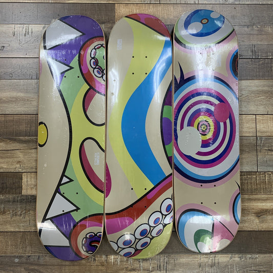 Takashi Murakami Octopus Skateboard Deck Set displayed on wooden floor.