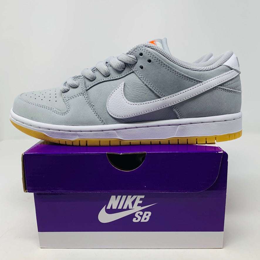 Nike SB Dunk Low Wolf Grey Gum sneakers on purple box, 2023 release.