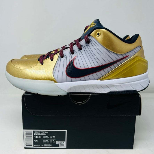 Nike Kobe 4 Protro Gold Medal 2024 sneakers, size 10.5, light creasing, clean condition, gold and blue detailing, original box.