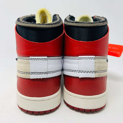 Jordan 1 Retro High Off-White Chicago sneakers in red and white, showcasing iconic high-top design and Off-White branding.