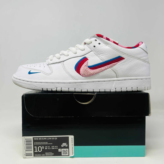 Nike SB Dunk Low Parra sneakers, size 10.5, with clean uppers and light wear, 2019 edition.