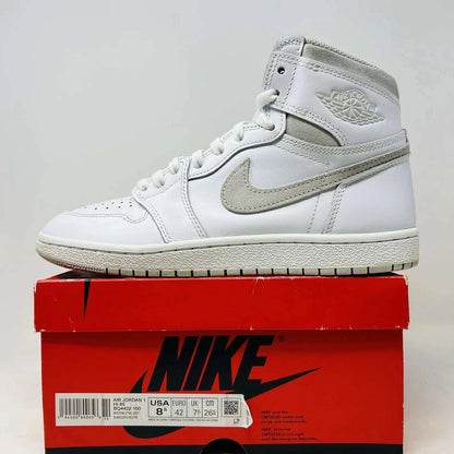 Jordan 1 Retro High '85 Neutral Grey sneakers on Nike box, 2021 model.