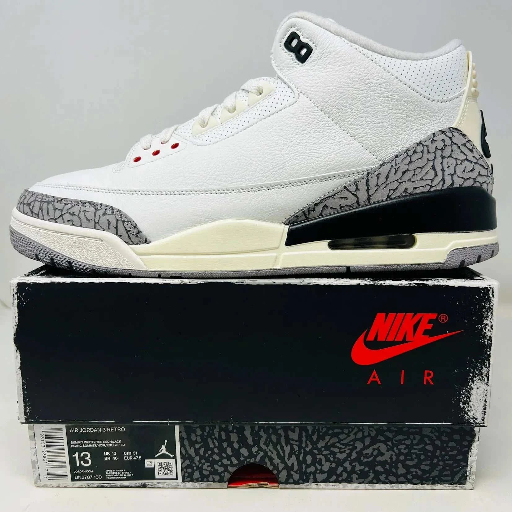 Jordan 3 Retro White Cement Reimagined sneakers on box, 2023 model, gently worn.