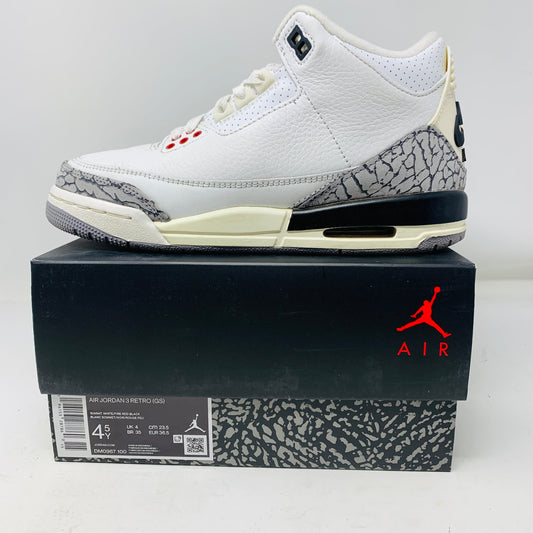 Jordan 3 Retro White Cement Reimagined GS sneaker, 2023, size 4.5Y, clean uppers, durable outsole, good box condition.