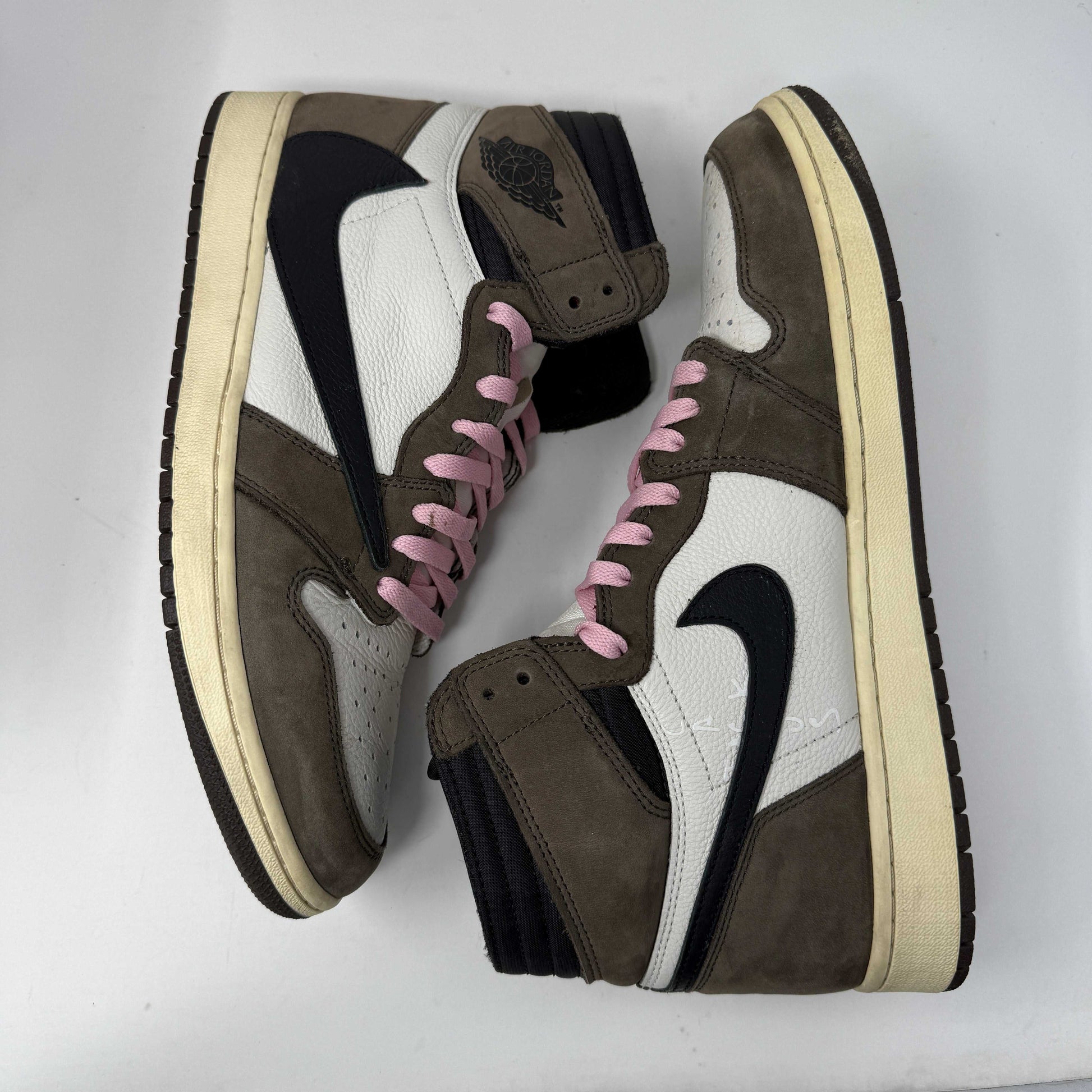 Jordan 1 Retro High OG SP Travis Scott Mocha sneaker with mocha brown and black design.