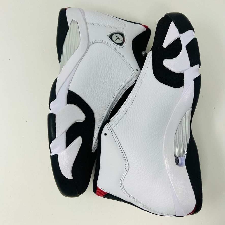 Jordan 14 Retro Black Toe 2024 sneakers in black, white, and red with premium leather and Jumpman logo.