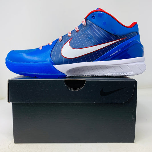 Nike Kobe 4 Protro Philly 2024 basketball shoe in black, white, red, and blue colors.