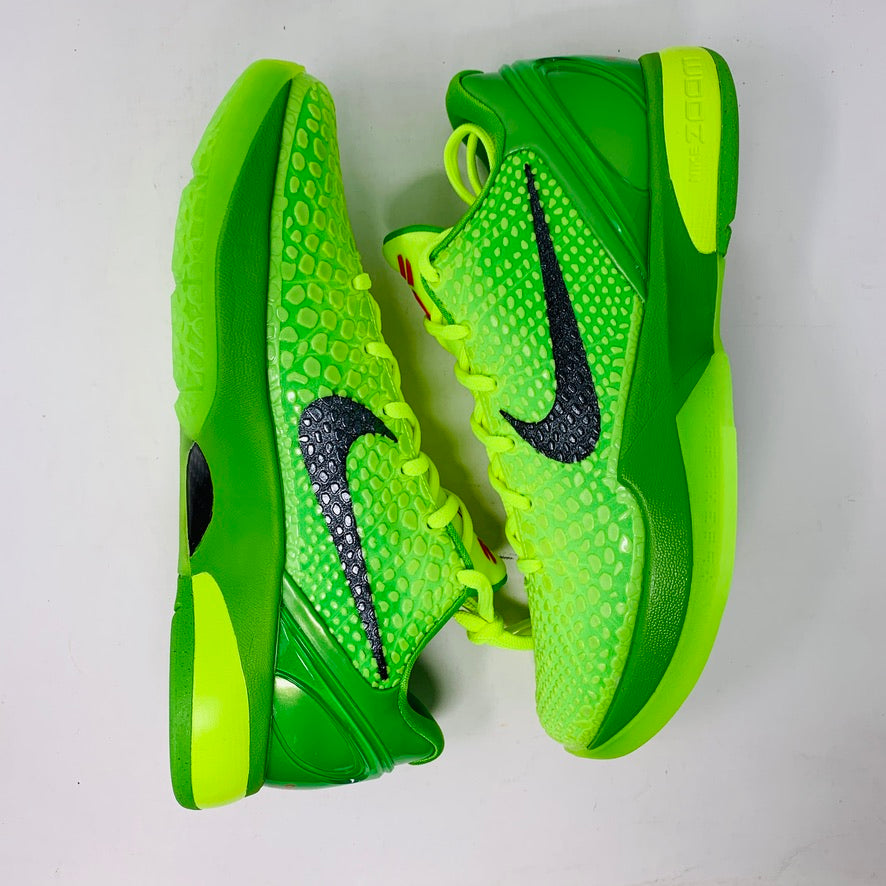 Nike Kobe 6 Protro Grinch 2020 sneakers, brand new with bright crimson laces.