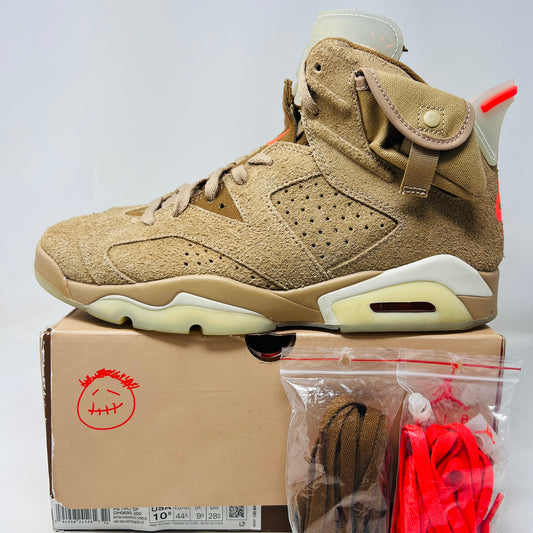 Jordan 6 Retro Travis Scott British Khaki sneakers, size 10.5, 2021 model, lightly worn, includes extra laces.