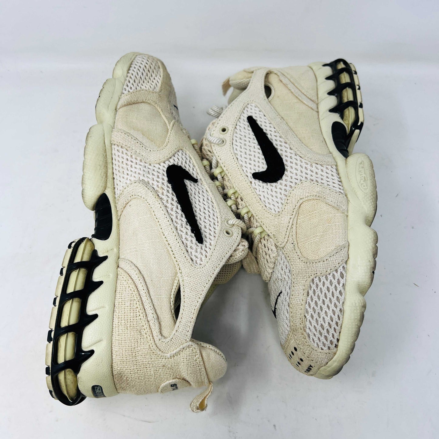 Nike Air Zoom Spiridon Cage 2 Stussy Fossil sneakers with slight heel drag, 2020 model, displayed on original box.