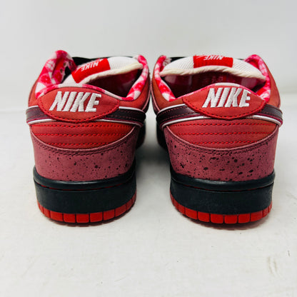 Nike SB Dunk Low Concepts Red Lobster sneakers, size 9.5M, red color with discolored toe box and light wear on soles, 2008 release.