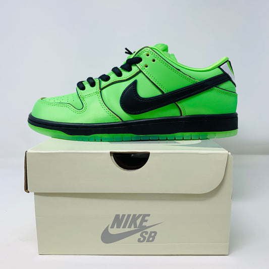 Nike SB Dunk Low The Powerpuff Girls Buttercup sneakers with green laces on a Nike SB box.