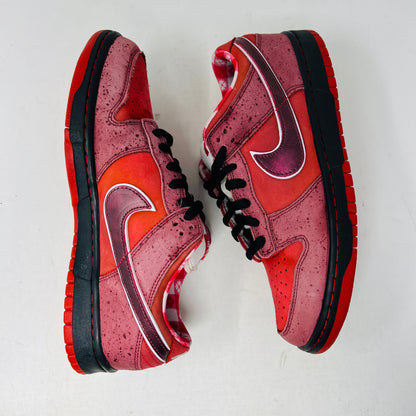 Nike SB Dunk Low Concepts Red Lobster sneakers, size 9.5M, light wear, discolored toe box.