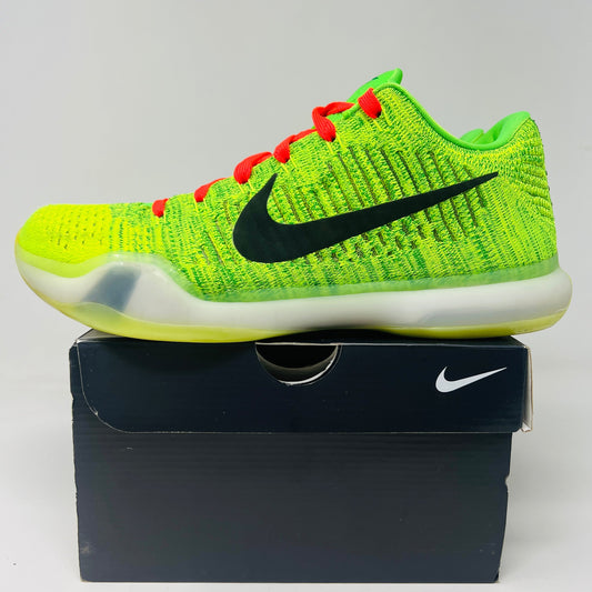 NIKE ID GRINCH sneaker, size 9.5, neon green with red accents, on box.