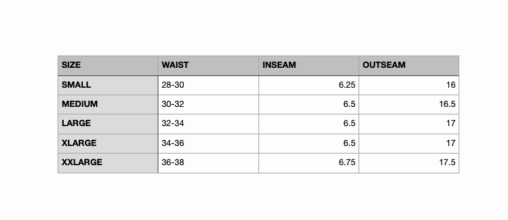 Size chart for Holy Ground Athletic Shorts Black, available in sizes Small to XXLarge.