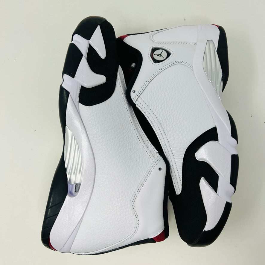 Jordan 14 Retro Black Toe 2024 sneakers in black, white, and red with Jumpman logo.